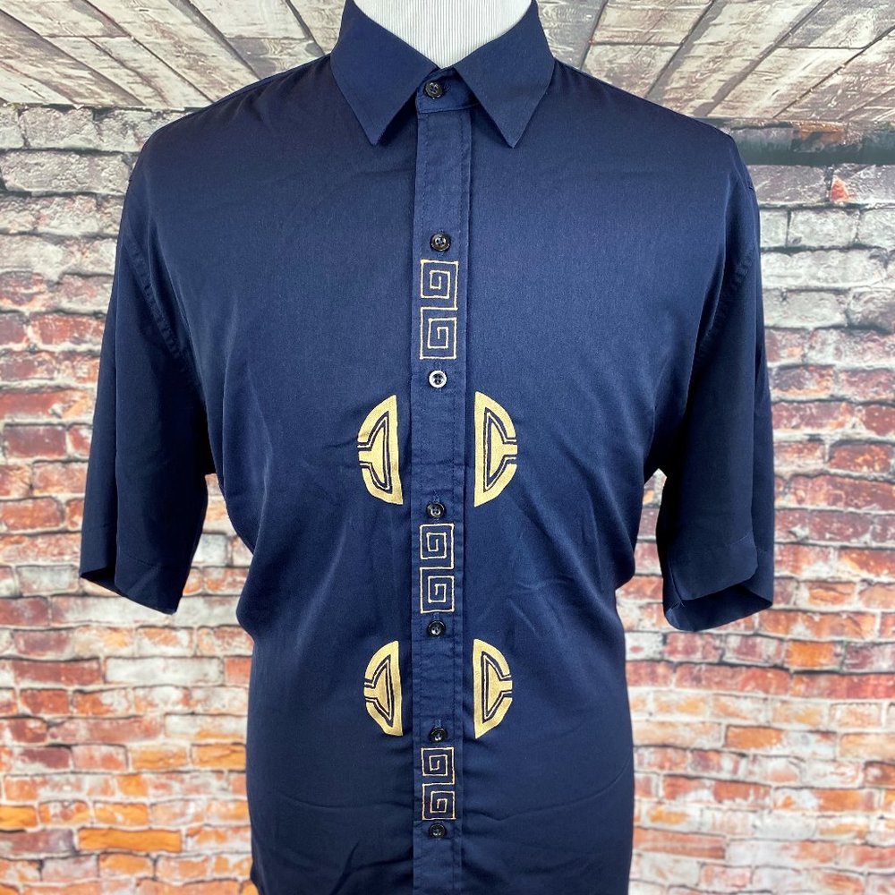 Long SILK 80s Ethnic Tribal Gold Painted Shirt 2XL